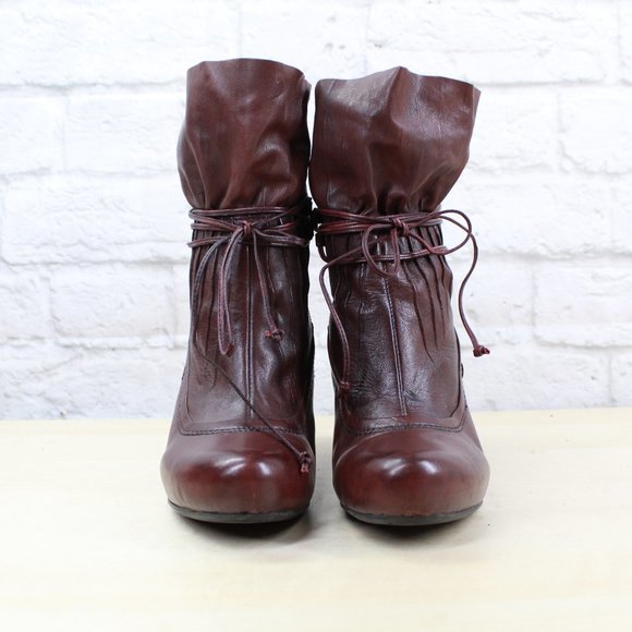 Earthies Eleganza Red Leather Pleated Laced Side Zip High Heeled Ankle Boots 7 B - Picture 4 of 9